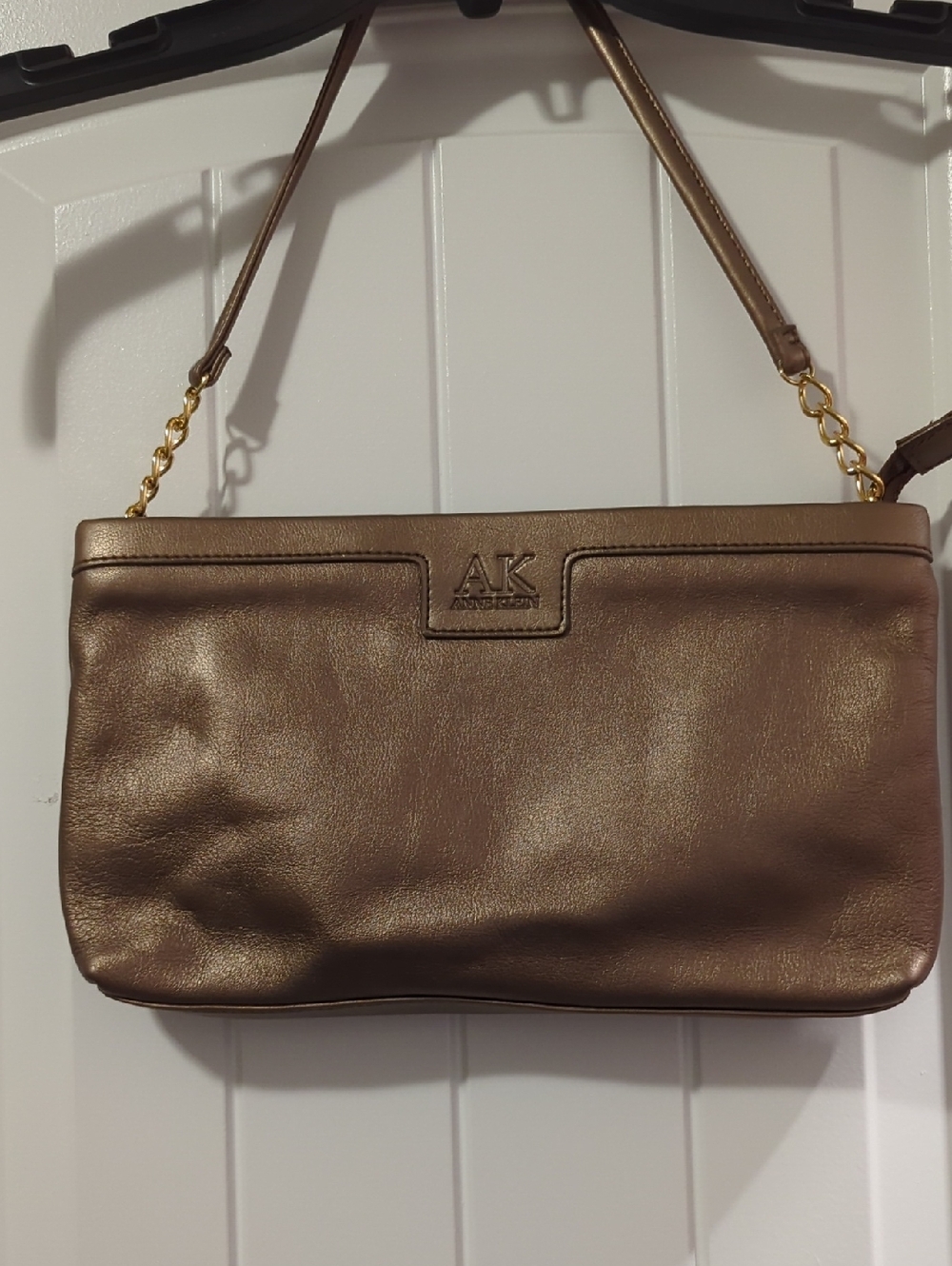 Anne Klein Leather Metallic Bronze Shoulder Purse with Gold Chain